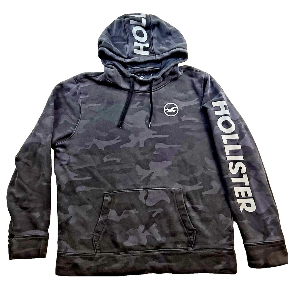 Hollister Men’s XL Black Gray Camo Pullover Hoodie Spellout Sleeve Streetwear